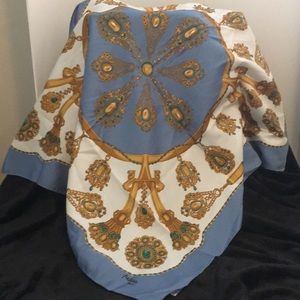 Patricia Paris large square scarf made in Italy 100% polyester. Blue white tan